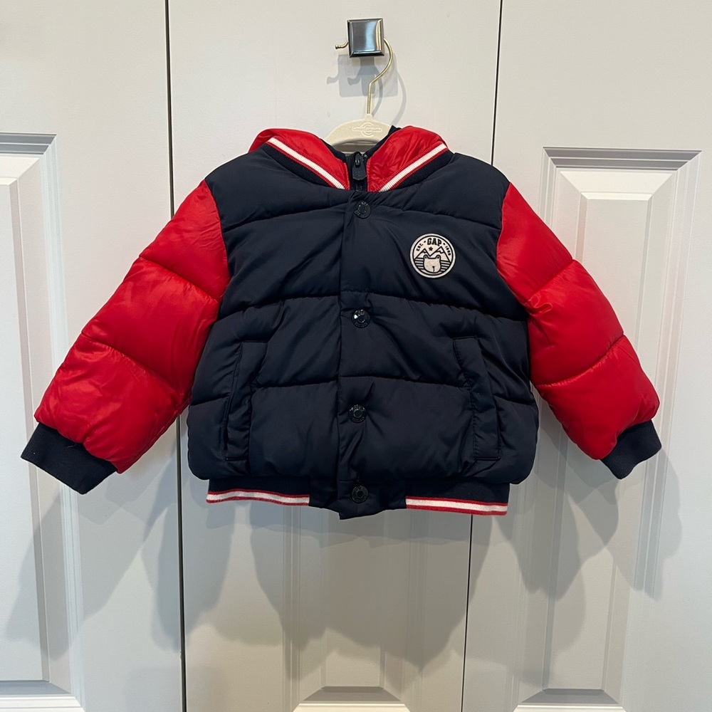Gap Toddler Varsity Puffer Coat / Jacket | red and navy 12-18m
